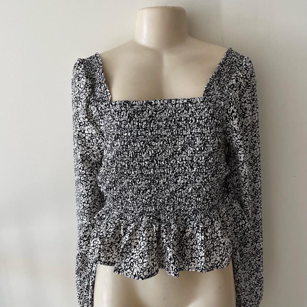 Black and White Floral Smocked Shirred Long Sleeve Square Neck Blouse